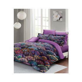 Monohome Lastikli Çarşaflı %100 Pamuk Saten Ethnic Purple Çift Kişilik Nevresim Takımı