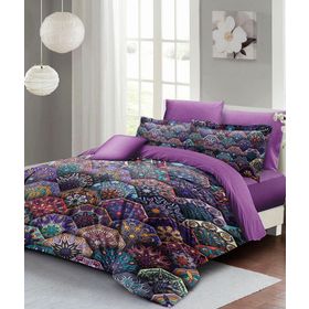 Monohome Lastikli Çarşaflı %100 Pamuk Saten Ethnic Purple Çift Kişilik Nevresim Takımı