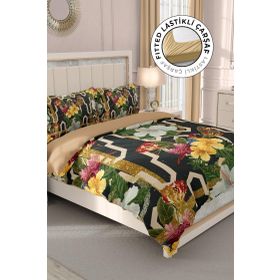 Monohome Lastikli Çarşaflı %100 Pamuk Saten Figure Parrot Çift Kişilik Nevresim Takımı