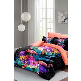 Monohome Lastikli Çarşaflı %100 Pamuk Saten Flamingo Çift Kişilik Nevresim Takımı