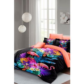 Monohome Lastikli Çarşaflı %100 Pamuk Saten Flamingo Çift Kişilik Nevresim Takımı