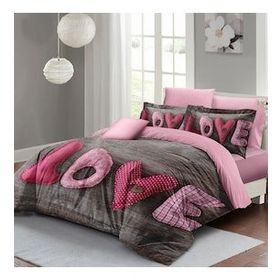 Monohome Love 200x220 cm Pembe Gri Sevgililer Günü Çift Kişilik Pamuk Saten Nevresim Takımı