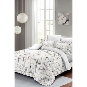 Monohome Marble Geo 3D Pamuk Saten Beyaz-Gold Çift Kişilik Nevresim Takımı