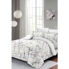 Monohome Marble Geo 3D Pamuk Saten Beyaz-Gold Çift Kişilik Nevresim Takımı