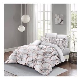 Monohome Marble Geo 3D Pamuk Saten Beyaz-Pembe Çift Kişilik Nevresim Takımı