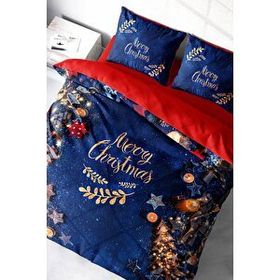 Monohome Yılbaşı Süsü Merry Christmas Pamuk Saten Blue 3D Çift Kişilik Nevresim Takımı