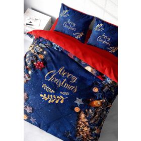 Monohome Yılbaşı Süsü Merry Christmas Pamuk Saten Blue 3D Çift Kişilik Nevresim Takımı