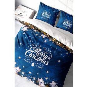 Monohome Yılbaşı Süsü Merry Christmas Pamuk Saten Blue Stars 3D Çift Kişilik Nevresim Takım