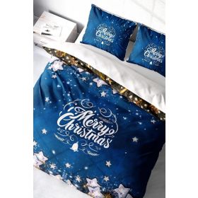 Monohome Yılbaşı Süsü Merry Christmas Pamuk Saten Blue Stars 3D Çift Kişilik Nevresim Takım