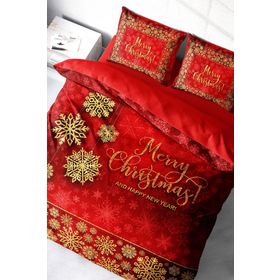 Monohome Yılbaşı Süsü Merry Christmas Pamuk Saten Kırmızı 3D Çift Kişilik Nevresim Takım