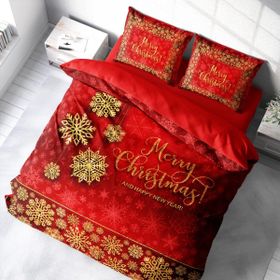 Monohome Yılbaşı Süsü Merry Christmas Pamuk Saten Kırmızı 3D Çift Kişilik Nevresim Takım