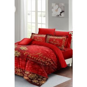 Monohome Yılbaşı Süsü Merry Kırmızı Noel %100 Pamuk Saten 3D Çift Kişilik Nevresim Takımı