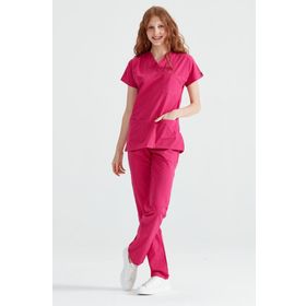 Mooda Medikal Fuşya Tek Renkli Likralı Kumaş Cerrahi Takım V Yaka Forma