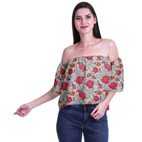 Moomaya Bohem Baskılı Omzu Göbeği Açık Üst Fırfırlı Kol Açık Gri Kadın Bluz
