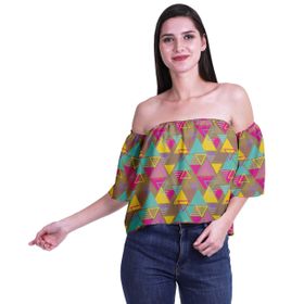 Moomaya Bohem Baskılı Omzu Göbeği Açık Üst Fırfırlı Kol Açık Kahverengi Kadın Bluz