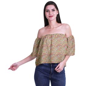 Moomaya Bohem Baskılı Omzu Göbeği Açık Üst Fırfırlı Kol Açık Yeşil 2 Kadın Bluz