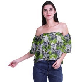 Moomaya Bohem Baskılı Omzu Göbeği Açık Üst Fırfırlı Kol Açık Yeşil Kadın Bluz