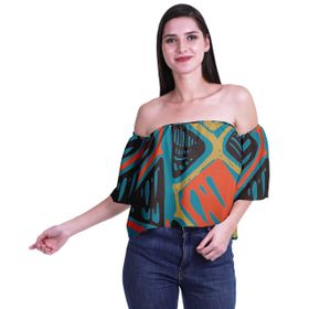 Moomaya Bohem Baskılı Omzu Göbeği Açık Üst Fırfırlı Kol Cam Göbeği Mavisi Kadın Bluz