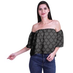 Moomaya Bohem Baskılı Omzu Göbeği Açık Üst Fırfırlı Kol Gri Kadın Bluz