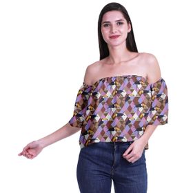Moomaya Bohem Baskılı Omzu Göbeği Açık Üst Fırfırlı Kol Kahverengi Kadın Bluz