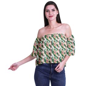 Moomaya Bohem Baskılı Omzu Göbeği Açık Üst Fırfırlı Kol Koyu Cam Göbeği Yeşili Kadın Bluz