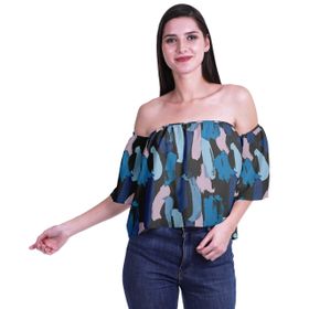 Moomaya Bohem Baskılı Omzu Göbeği Açık Üst Fırfırlı Kol Koyu Gri Kadın Bluz