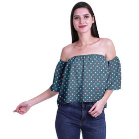 Moomaya Bohem Baskılı Omzu Göbeği Açık Üst Fırfırlı Kol Koyu Teal Mavisi Kadın Bluz