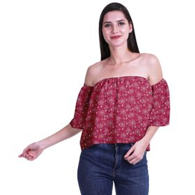 Moomaya Bohem Baskılı Omzu Göbeği Açık Üst Fırfırlı Kol Macenta Kadın Bluz