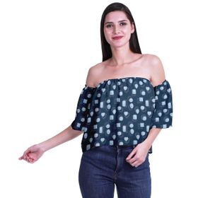 Moomaya Bohem Baskılı Omzu Göbeği Açık Üst Fırfırlı Kol Mavi Kadın Bluz
