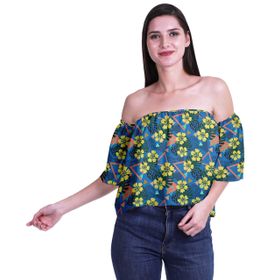 Moomaya Bohem Baskılı Omzu Göbeği Açık Üst Fırfırlı Kol Medium Blue 2 Kadın Bluz