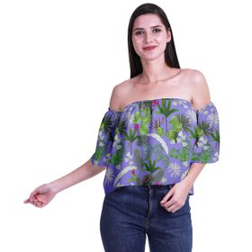 Moomaya Bohem Baskılı Omzu Göbeği Açık Üst Fırfırlı Kol Medium Mor Kadın Bluz