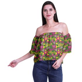 Moomaya Bohem Baskılı Omzu Göbeği Açık Üst Fırfırlı Kol Orman Yeşili Kadın Bluz