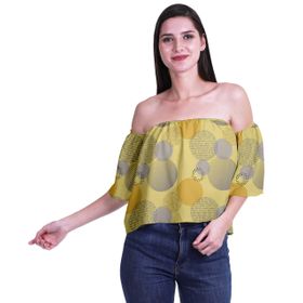 Moomaya Bohem Baskılı Omzu Göbeği Açık Üst Fırfırlı Kol Orta Sarı Kadın Bluz
