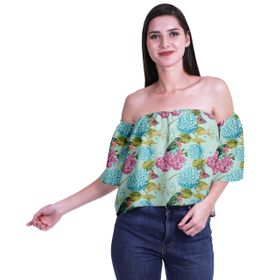 Moomaya Bohem Baskılı Omzu Göbeği Açık Üst Fırfırlı Kol Pastel Nane 3 Kadın Bluz