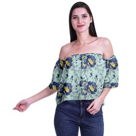 Moomaya Bohem Baskılı Omzu Göbeği Açık Üst Fırfırlı Kol Pastel Nane Yeşili 2 Kadın Bluz