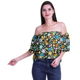 Moomaya Bohem Baskılı Omzu Göbeği Açık Üst Fırfırlı Kol Siyah 2 Kadın Bluz