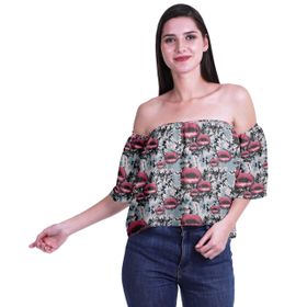Moomaya Bohem Baskılı Omzu Göbeği Açık Üst Fırfırlı Kol Tozlu Mavi Kadın Bluz