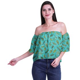 Moomaya Bohem Baskılı Omzu Göbeği Açık Üst Fırfırlı Kol Turkuaz Yeşil Kadın Bluz