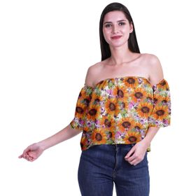 Moomaya Bohem Baskılı Omzu Göbeği Açık Üst Fırfırlı Kol Turuncu Kadın Bluz