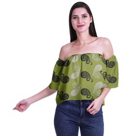 Moomaya Bohem Baskılı Omzu Göbeği Açık Üst Fırfırlı Kol Zeytin Yeşili Kadın Bluz