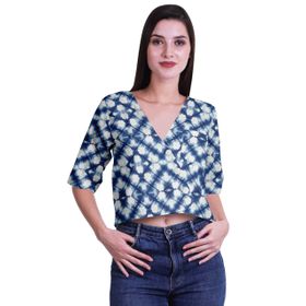 Moomaya Bohem Baskılı Pamuk V Yaka Göbeği Açık Üst Dirsek Kollu Indigo Blue 2 Kadın Bluz
