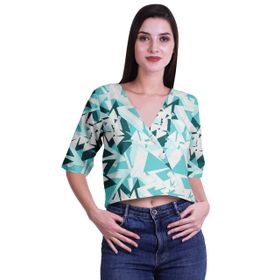 Moomaya Bohem Baskılı Pamuk V Yaka Göbeği Açık Üst Dirsek Kollu Teal Blue 2 Kadın Bluz