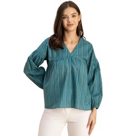 Moomaya Boho Bohem Pamuklu Uzun Kollu V Yaka Akıcı Mavi Teal Bue Kadın Bluz