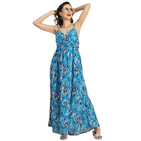 Moomaya Boho Omuz Askılı V Yaka Maksi Baskılı Suni İpek Mavi Sky Blue Kadın Elbise