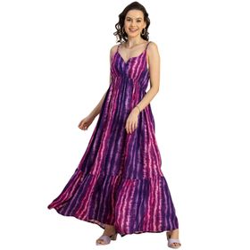 Moomaya Boho Omuz Askılı V Yaka Maksi Baskılı Suni İpek Mor Kadın Elbise