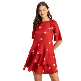 Moomaya Boho Romantik Baskılı Midi Kırmızı Kadın Elbise
