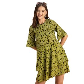Moomaya Boho Romantik Baskılı Midi Yeşil Kadın Elbise