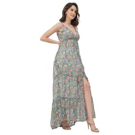 Moomaya Evaze Boho A Kesim V Yaka Baskılı Yeşil Kadın Elbise