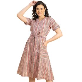 Moomaya Evaze Trendy V Yaka A Kesim Pamuklu Çok Renkli Günlük Kadın Elbise