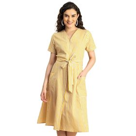 Moomaya Evaze Trendy V Yaka A Kesim Pamuklu Yellow Günlük Kadın Elbise
